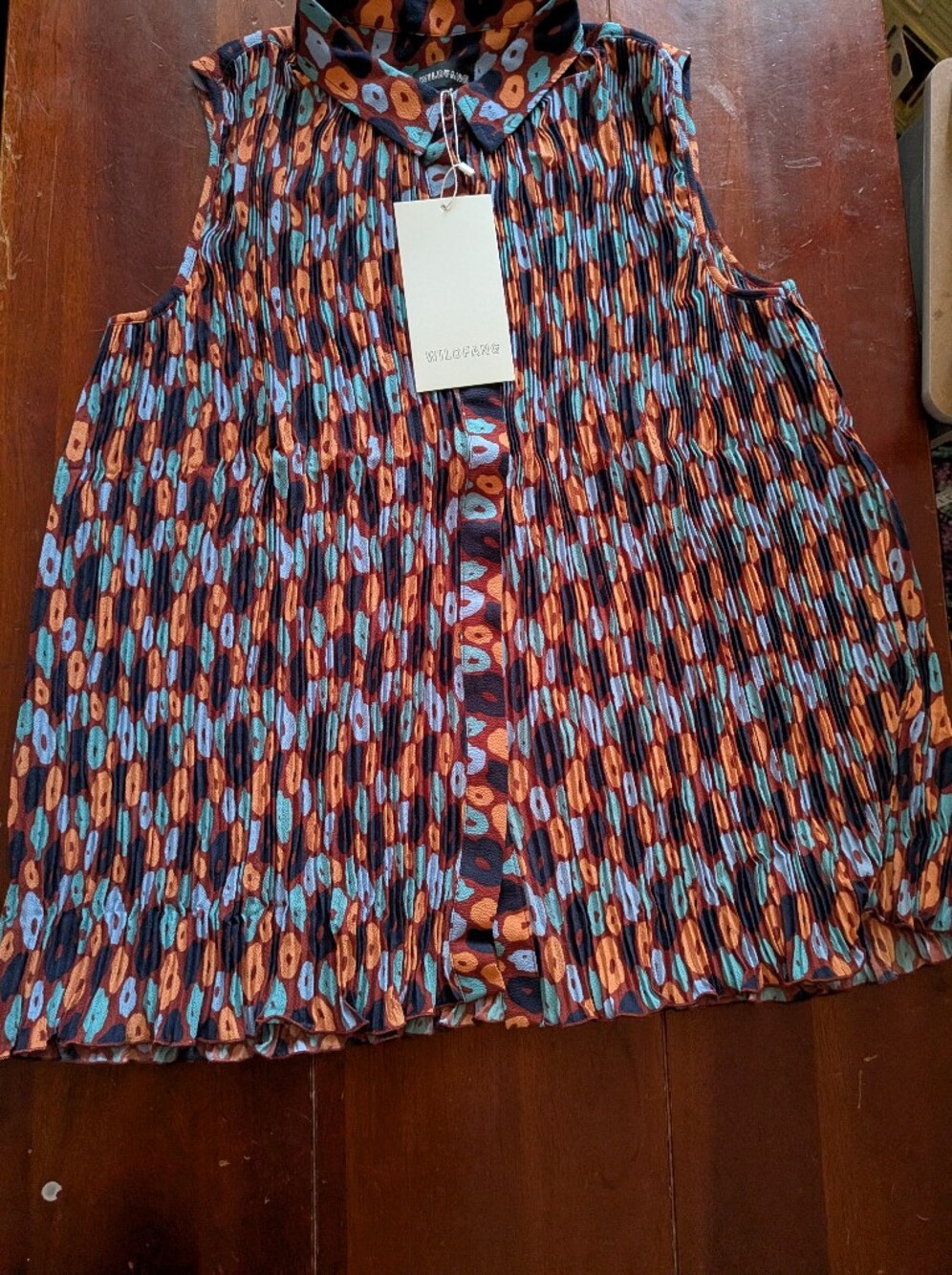 Pleated Abstract Print blouse Rust & Teal -